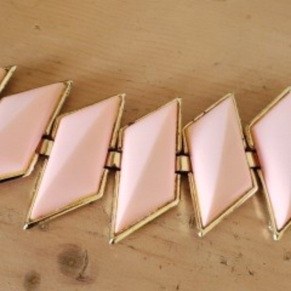 Vintage 1950's  Statement Pink Molded Plastic Gold Tone Wide Link Bracelet